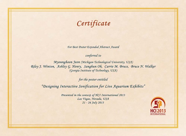 Certificate for Best Poster Extended Abstract Award. Details in text following the image