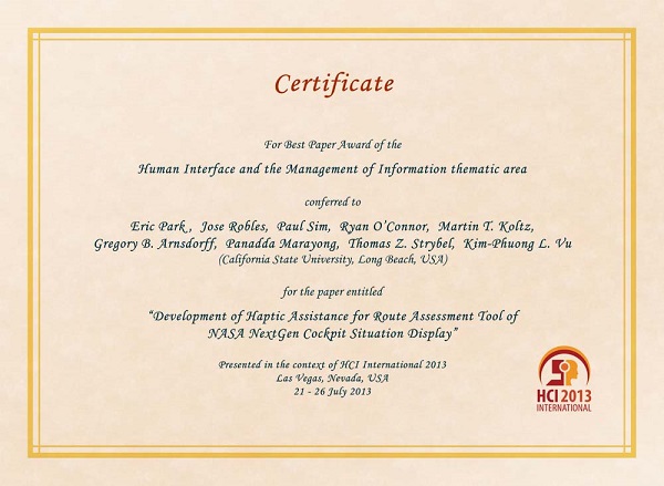 Certificate for best paper award of the Human Interface and the Management of Information thematic area. Details in text following the image